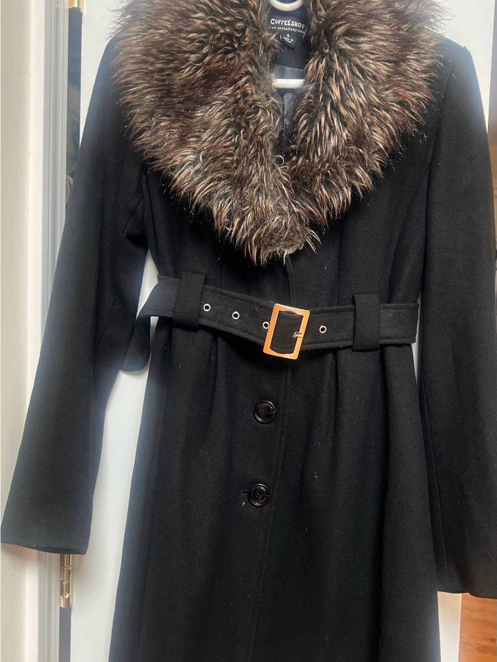 CoffeeShop Black Coat Belt with Brown Faux Fur Trim